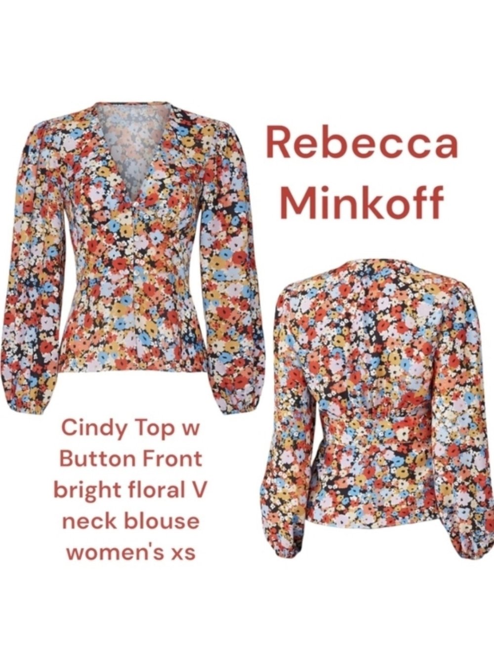 Rebecca Minkoff Women's Cindy Top Button Down bright floral V neck blouse xs